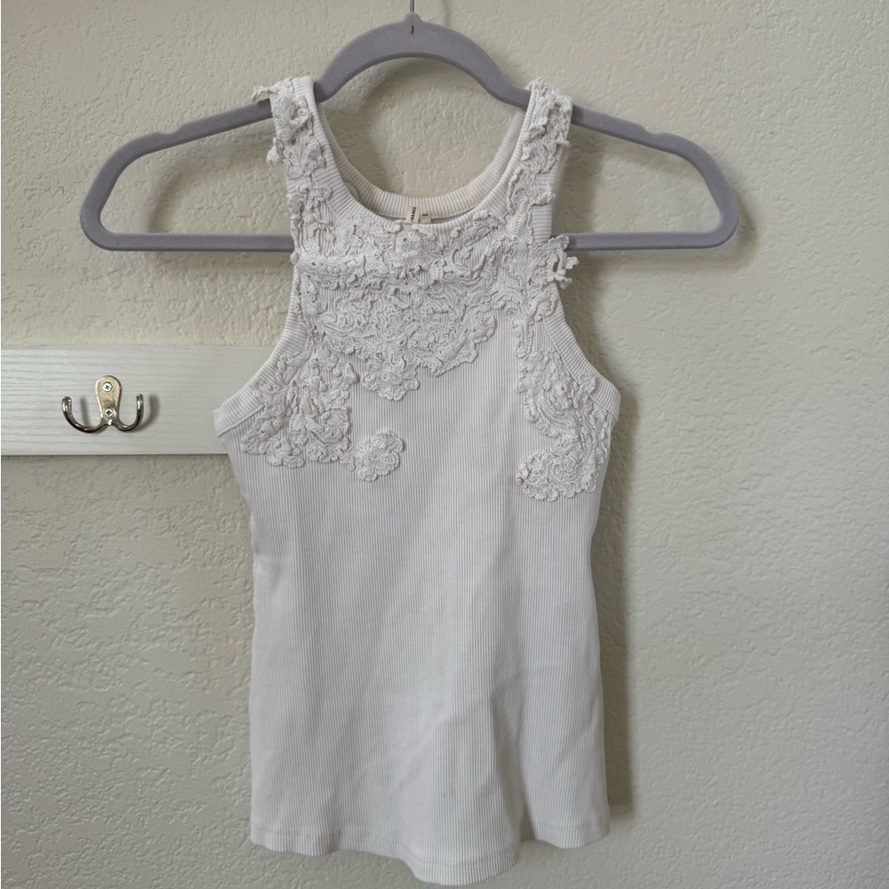 Anthropologie White Lace Embellished Tank Top